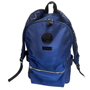 Versace Parfums Dylan Nylon Blue Backpack Bag Travel Logo Medusa Zip Lightweight